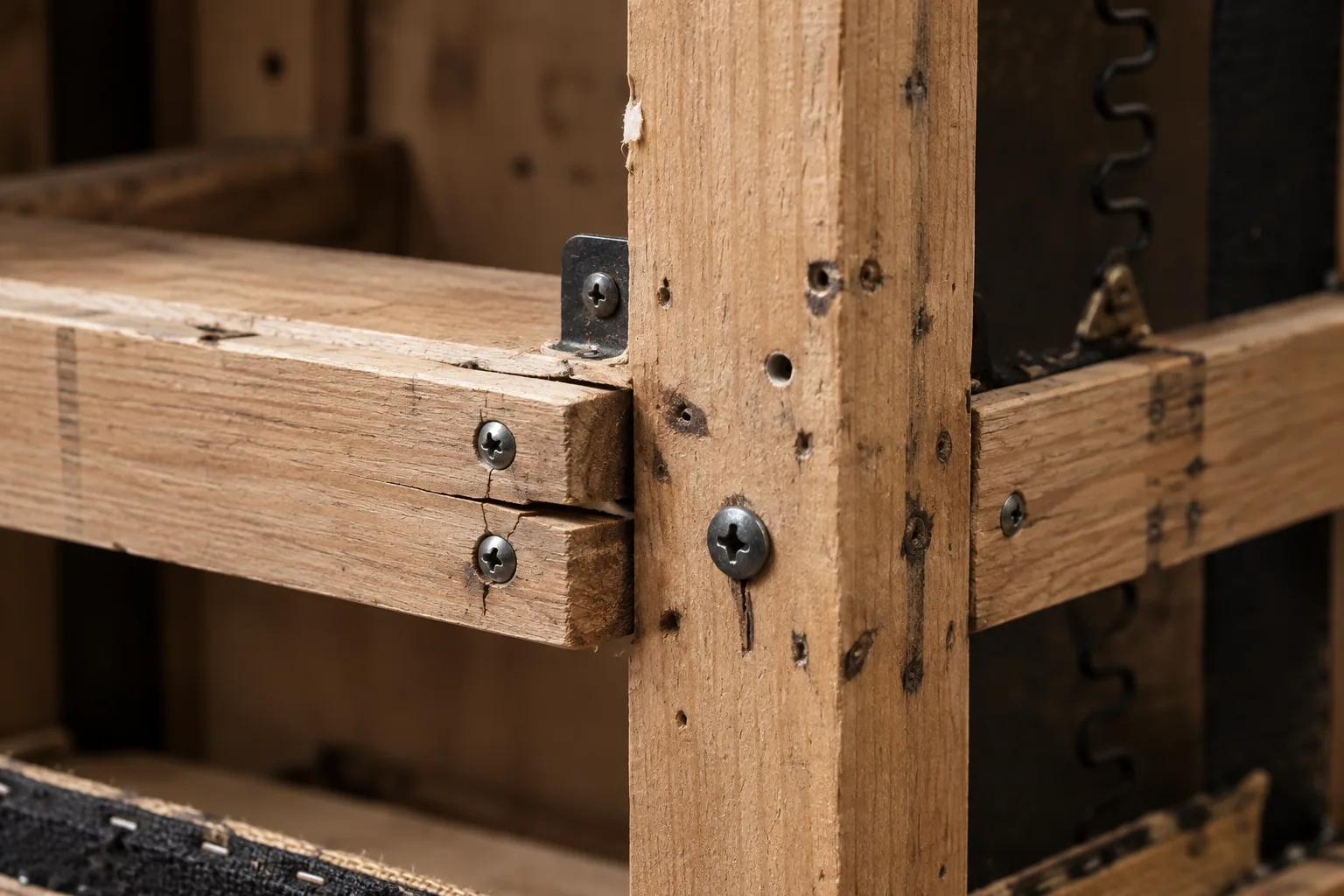 Split timber rail inside a sofa frame