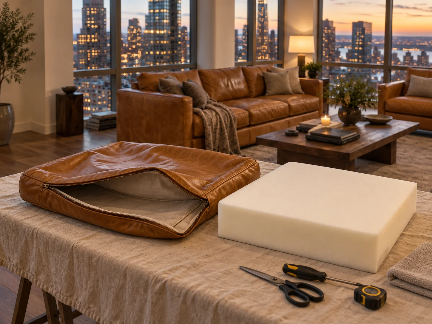 A cushion cover open on a covered table beside a new foam insert