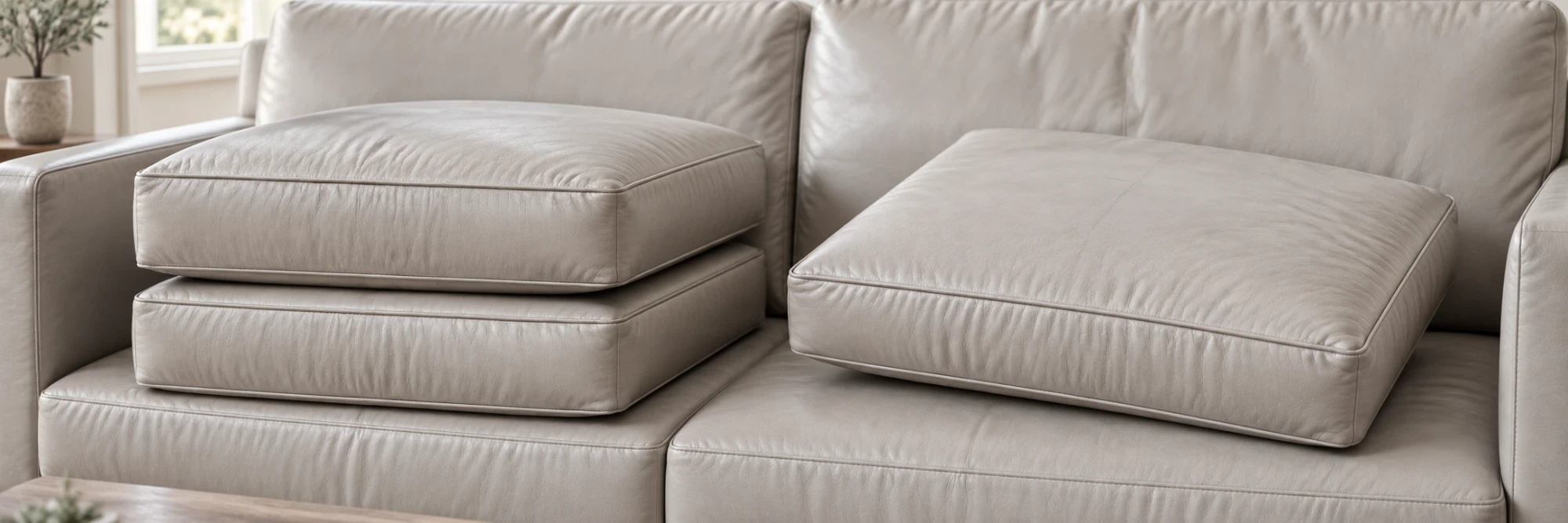Two pale grey leather seat cushions stacked on a sofa