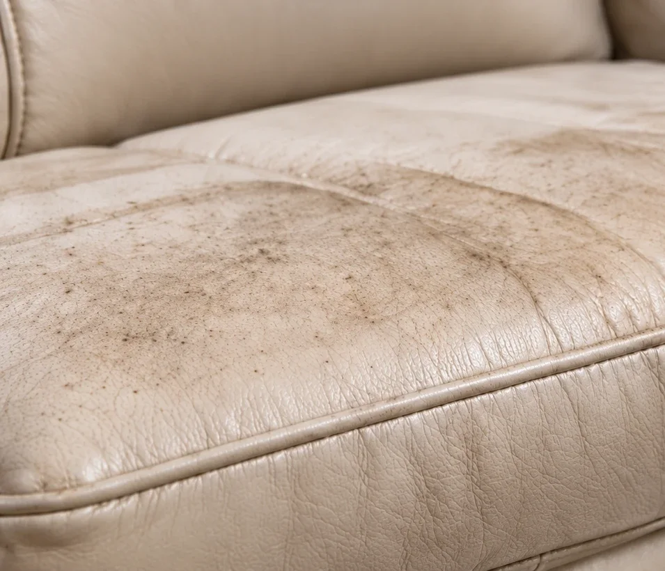Cream leather seat cushion greyed with soiling along the front edge before treatment