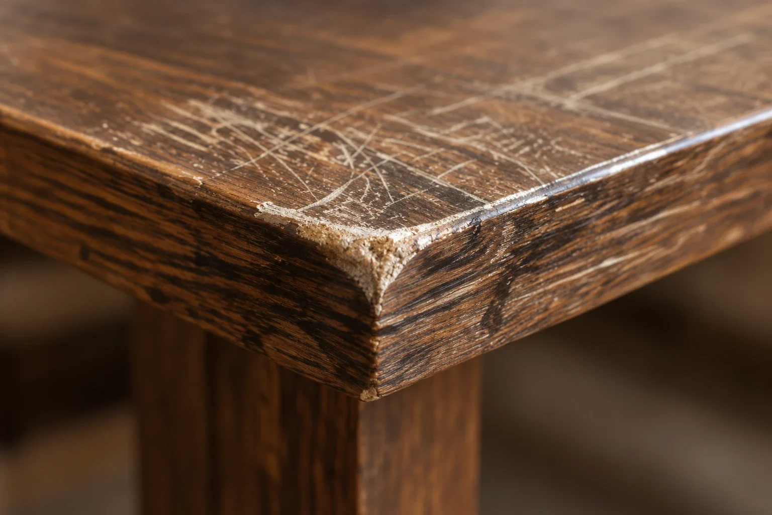 Worn and scratched corner of a solid oak table