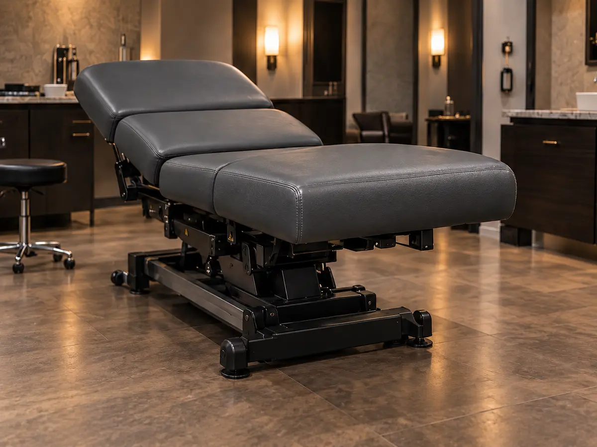 The spa treatment table reupholstered in charcoal vinyl, ready for service