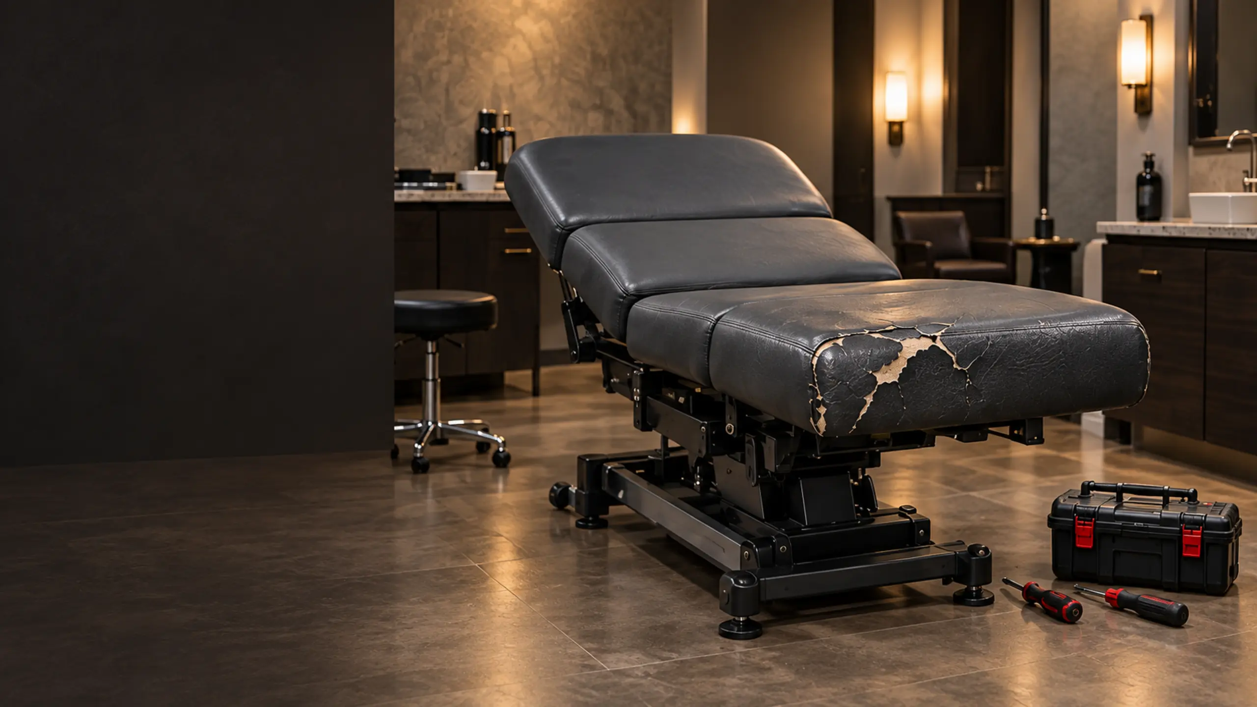 Spa treatment table reupholstery: a charcoal treatment table with a cracked pad in a NYC spa room