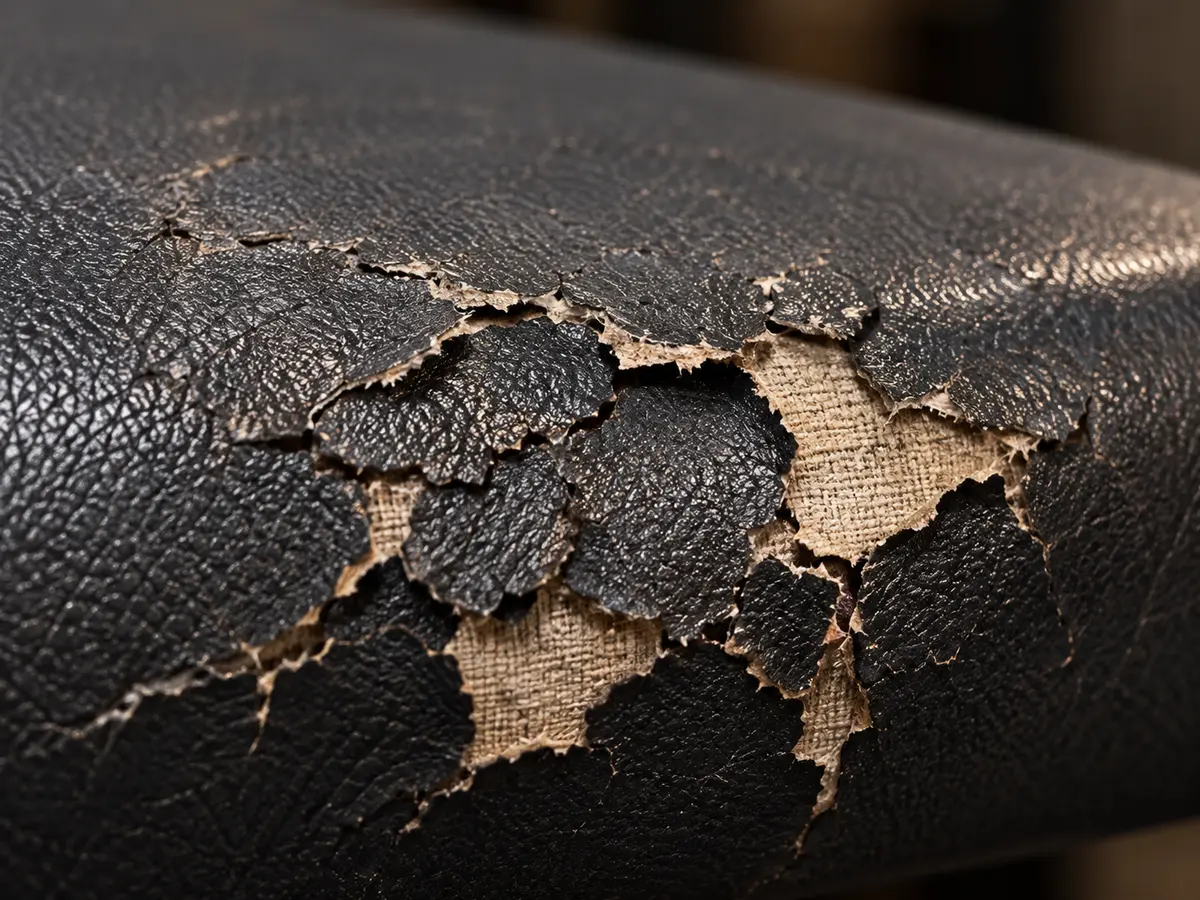 Black spa table vinyl peeling away to show the fabric backing