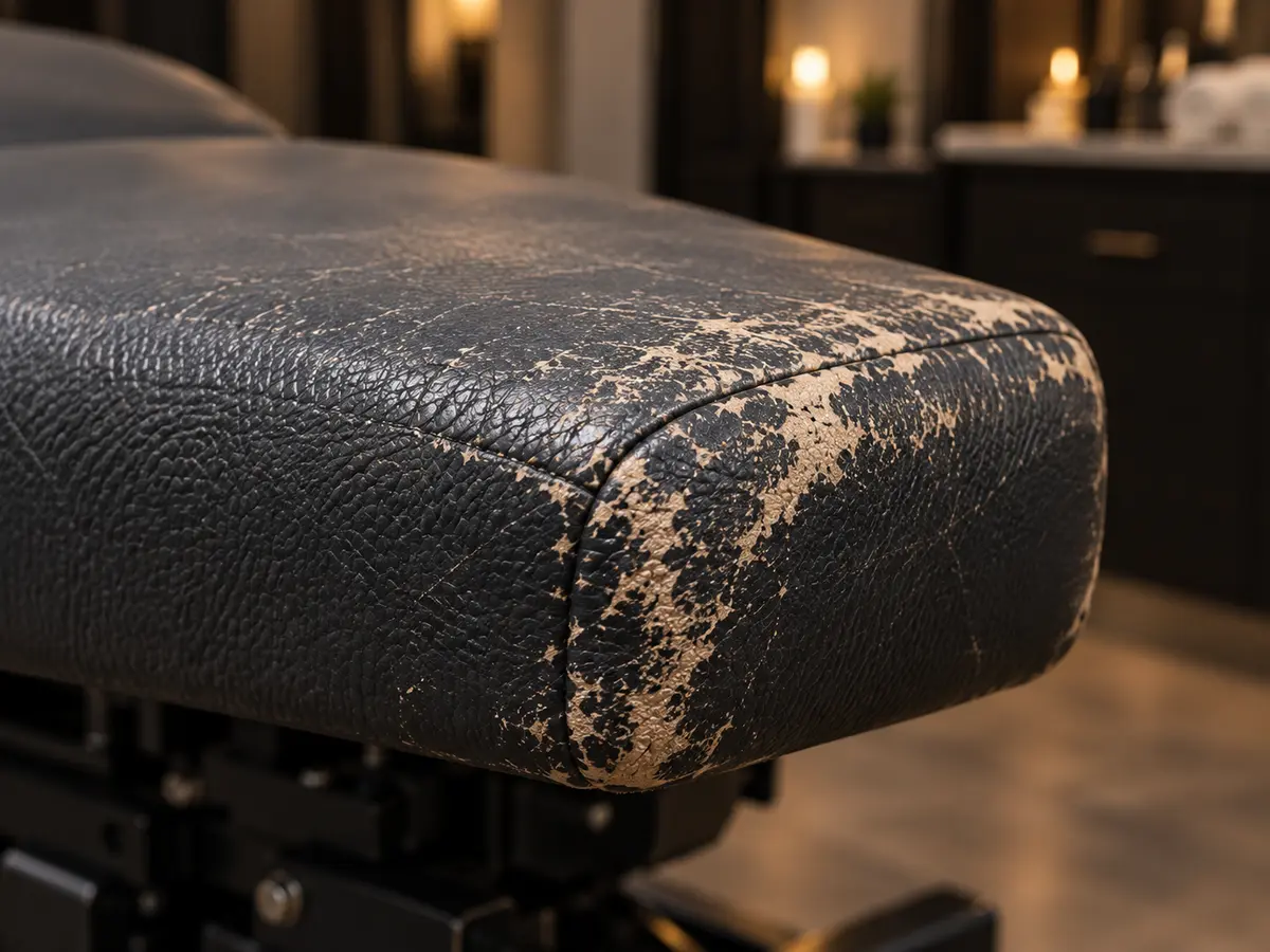 A worn edge on a spa treatment table