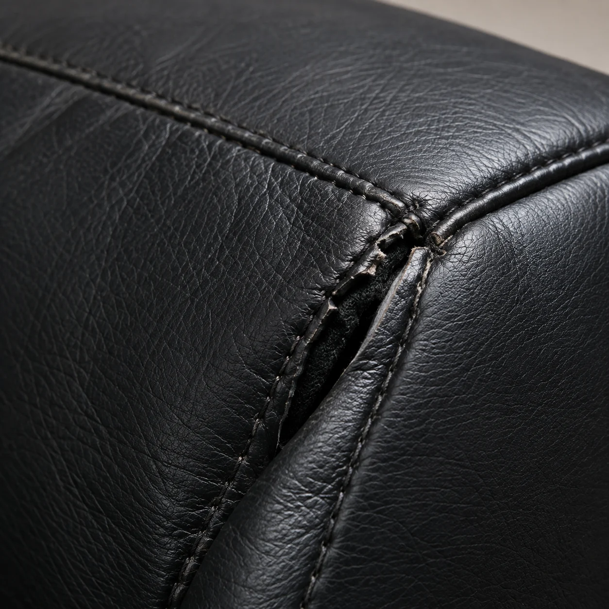 A split corner seam on black leather with dark foam visible inside