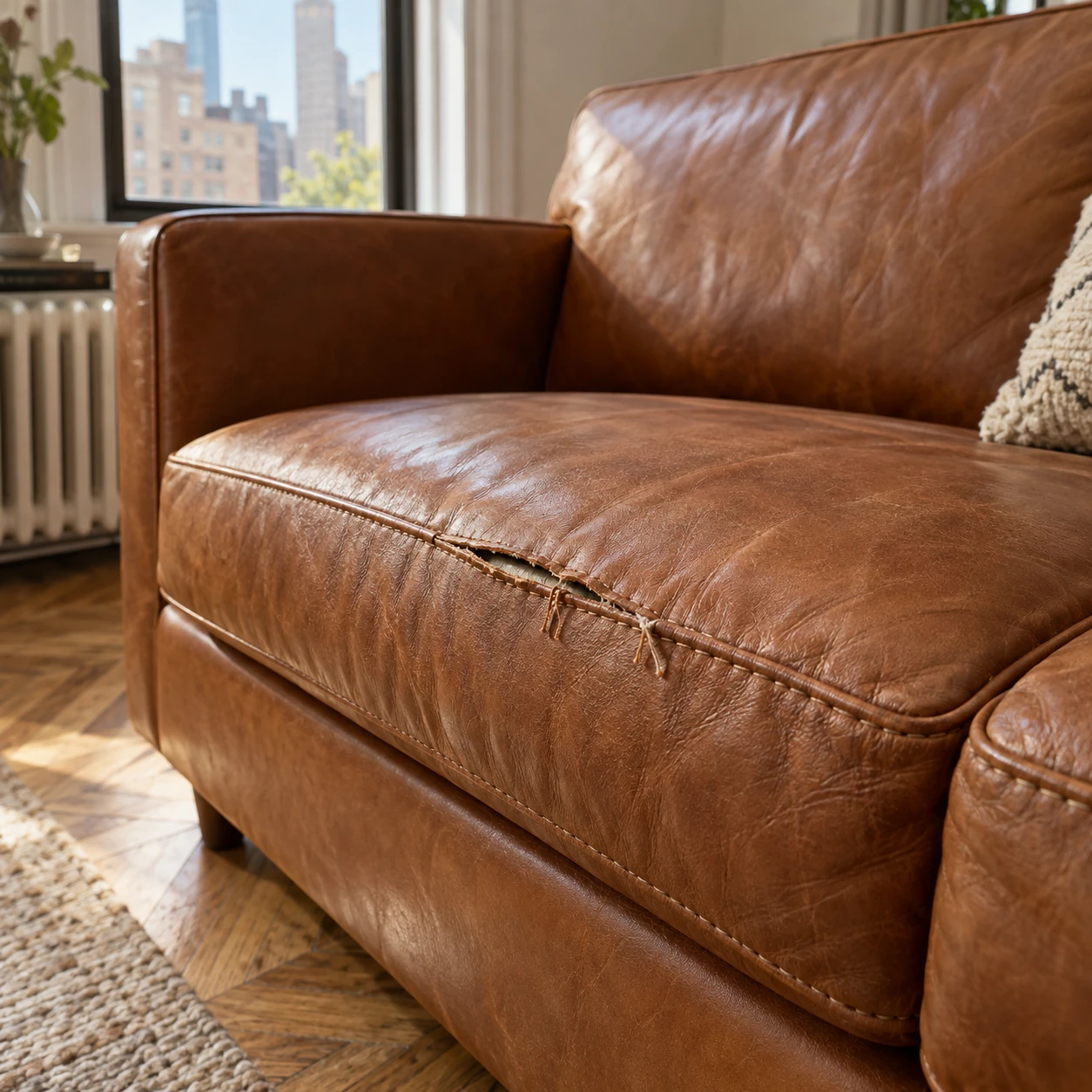 A split seam on an apartment sofa cushion