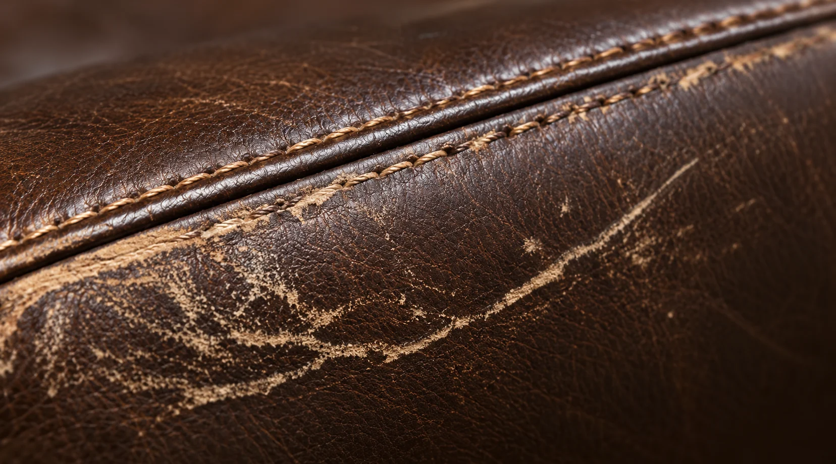 Opened stitch line along the edge of a brown leather bed panel with cracking either side of it