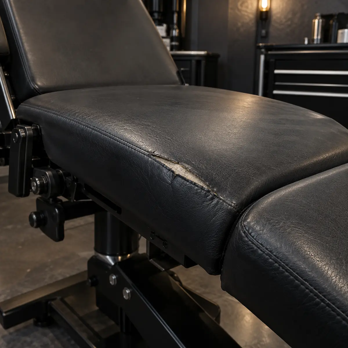 A split vinyl seat on a tattoo chair