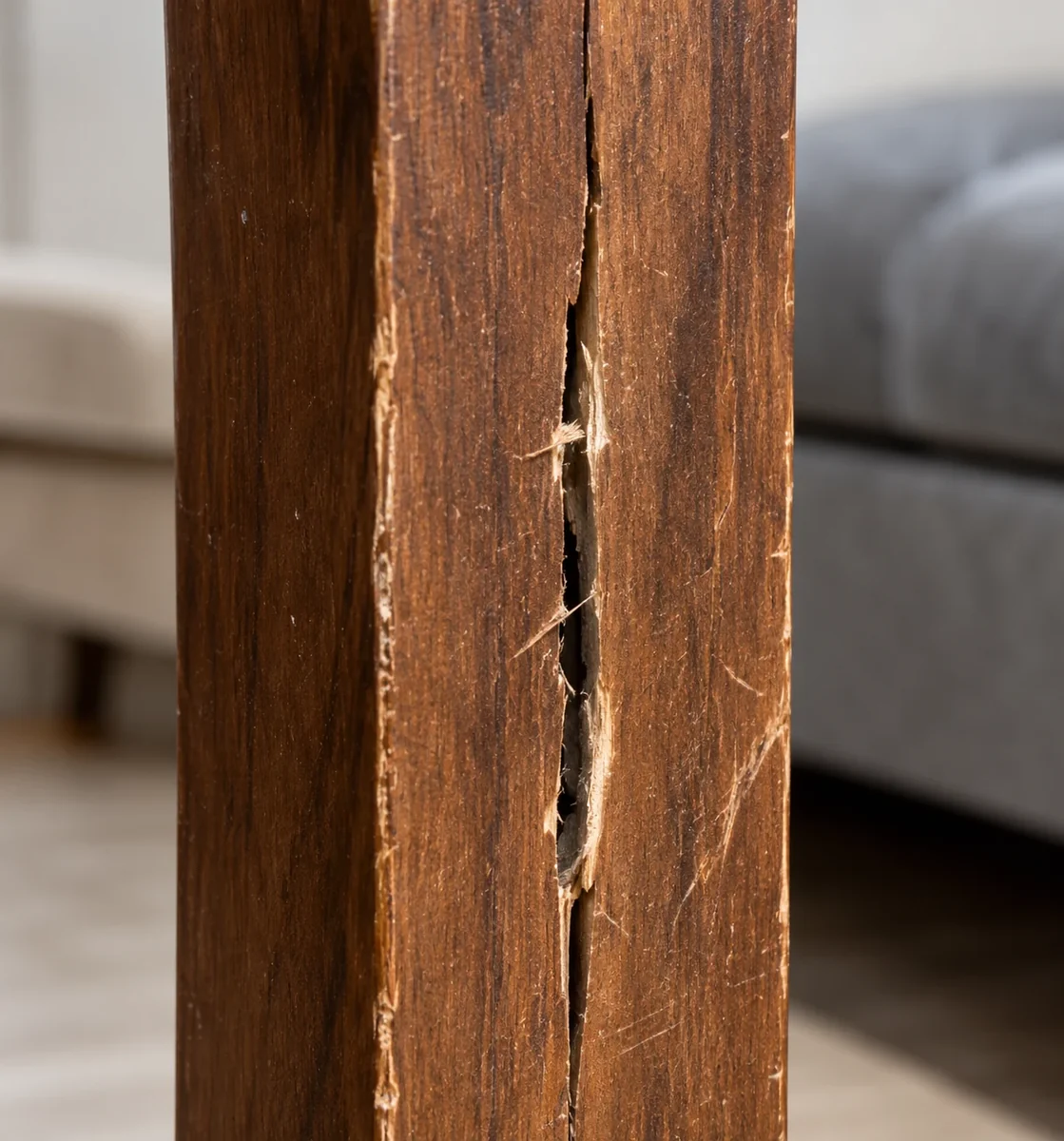 Split running down the grain of a wooden furniture leg