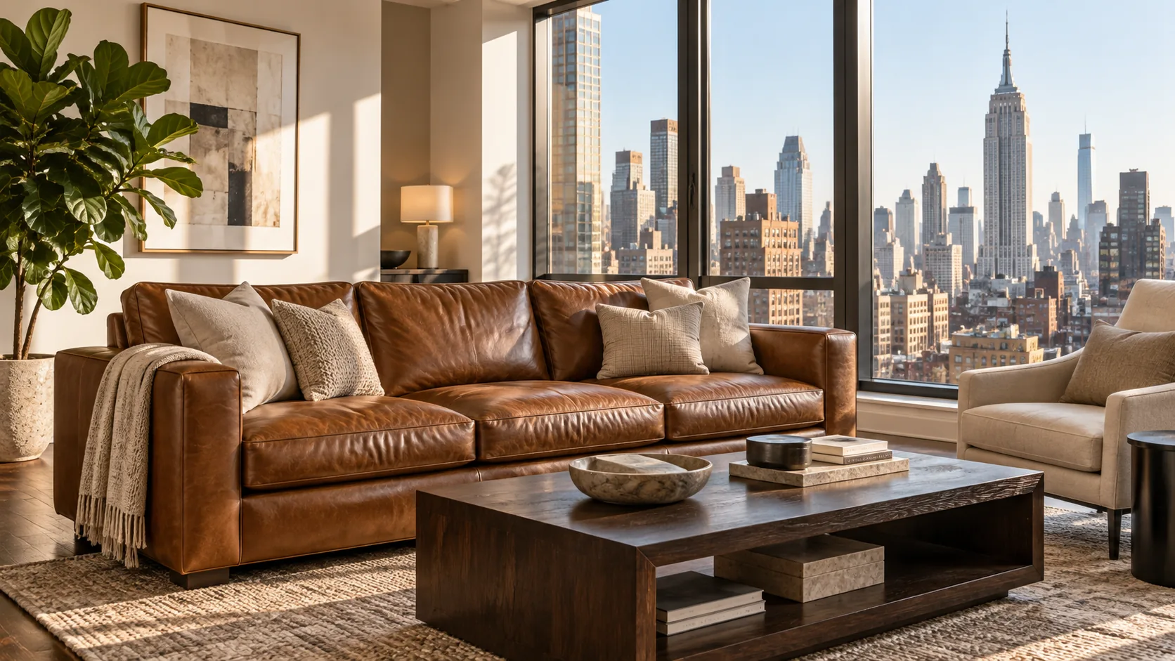 A cognac leather sectional in a staged listing with a city view