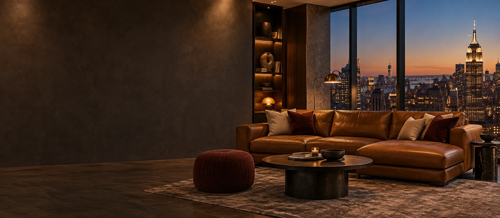 A restored leather sofa in a bright living room with a city view