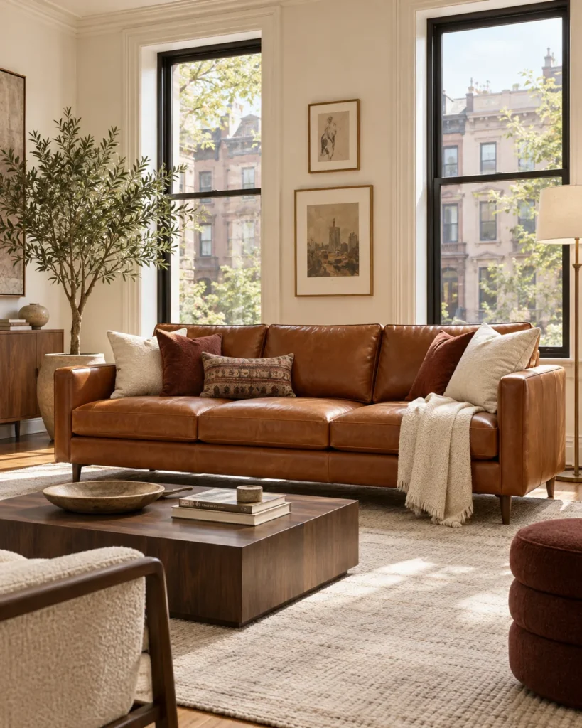 Cognac leather sofa installed in a staged brownstone living room