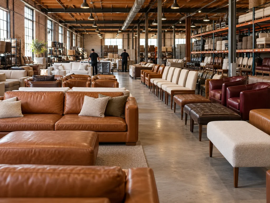 Rows of staging sofas and chairs in a furniture warehouse