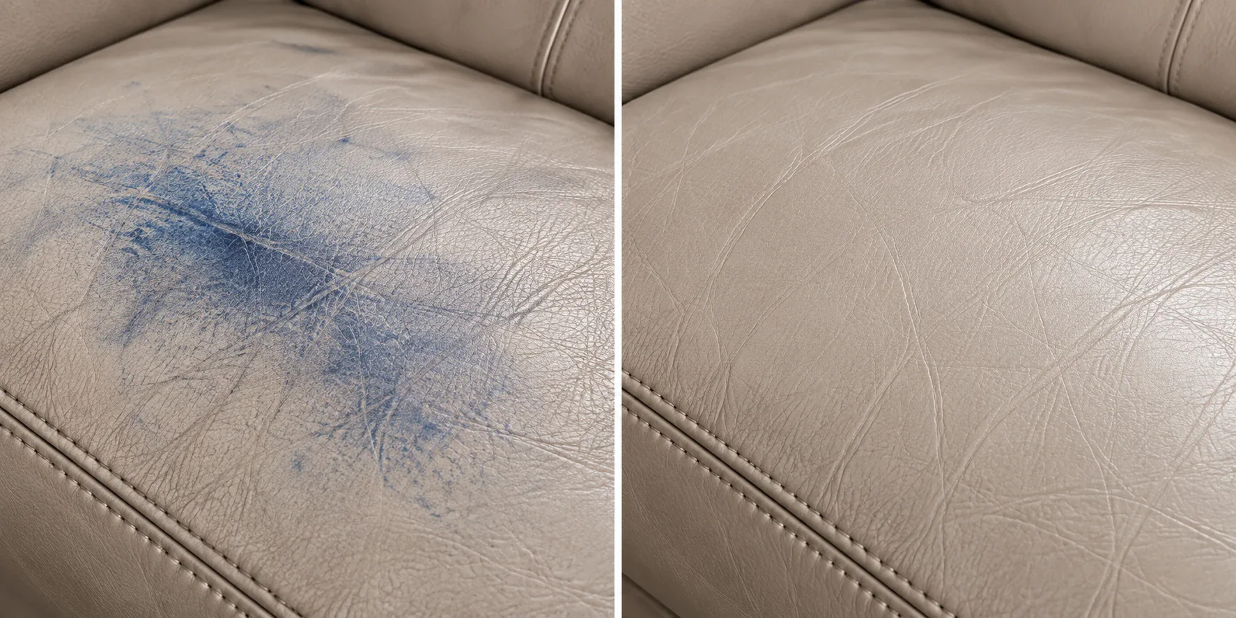 Grey leather cushion with blue denim dye transfer, shown before and after stain removal