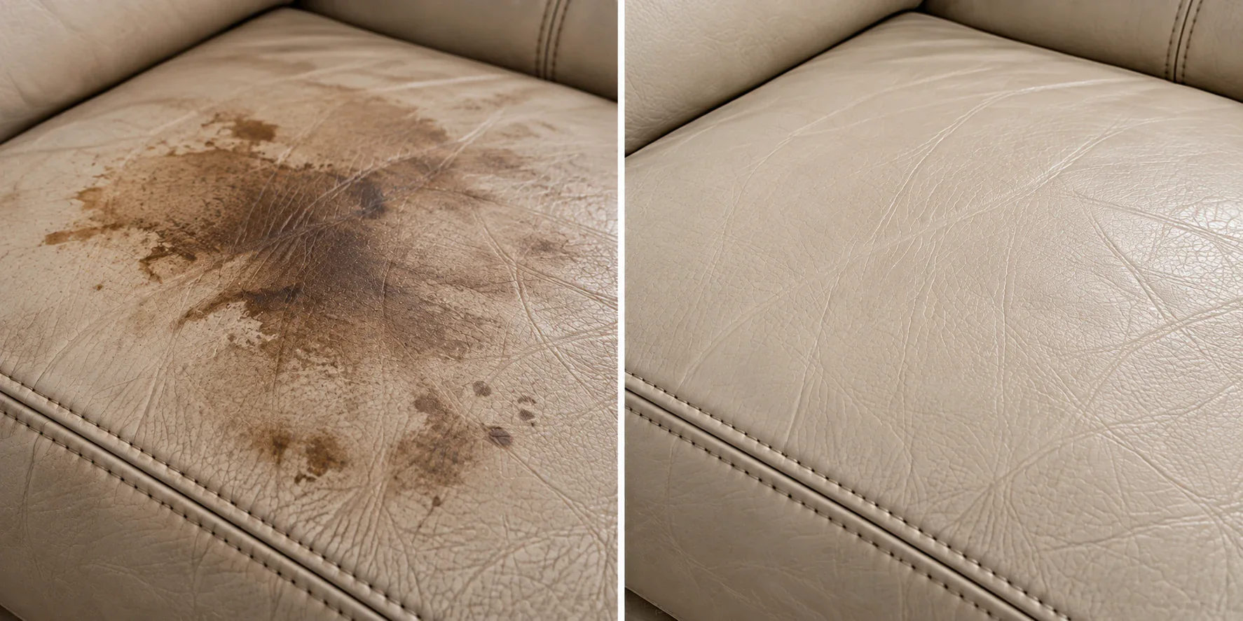 Cream leather seat with a dried brown food stain, shown before and after stain removal