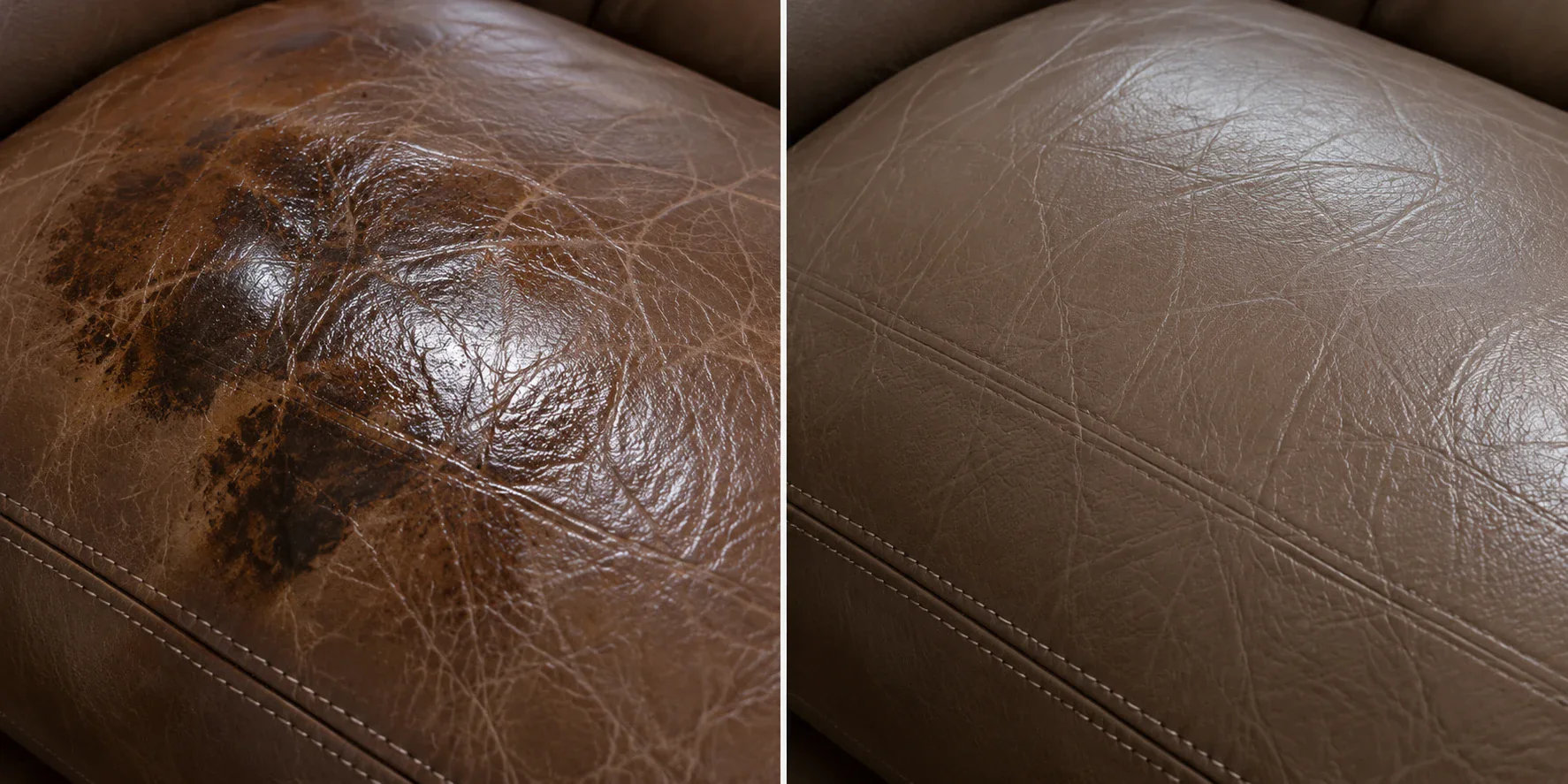 Brown leather seat with a dark grease stain, shown before and after stain removal