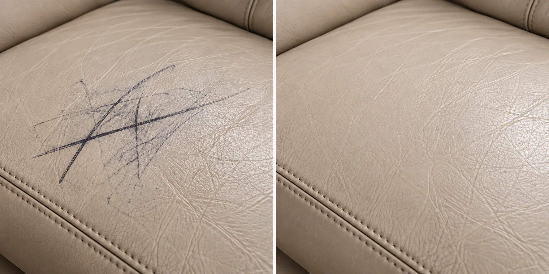 Beige leather cushion covered in ballpoint pen marks, shown before and after stain removal