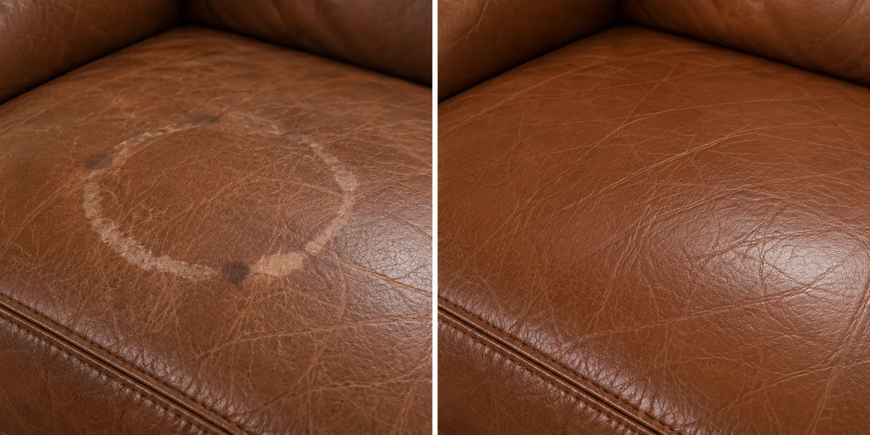 Tan leather seat with a dried water ring, shown before and after stain removal