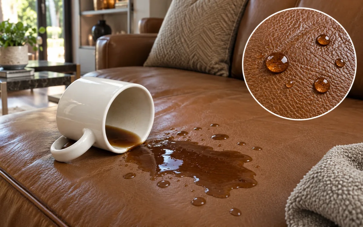 Coffee spilled from a tipped mug beading on the surface of a tan leather sofa
