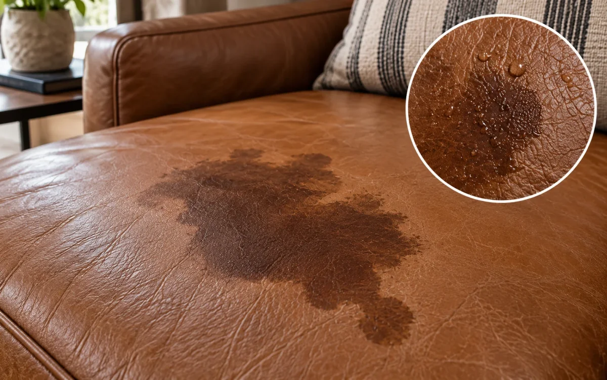 A dried coffee stain spread wide across a tan leather seat cushion