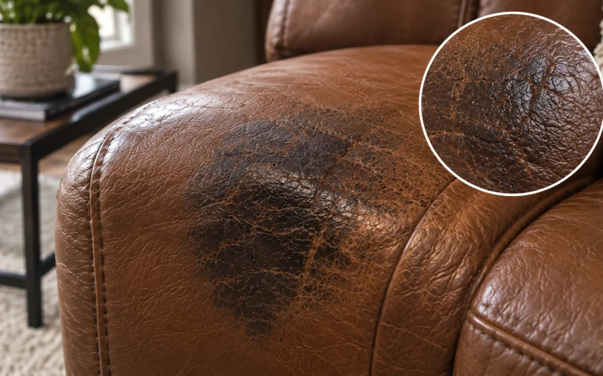 An old darkened stain oxidised into the arm of a brown leather sofa