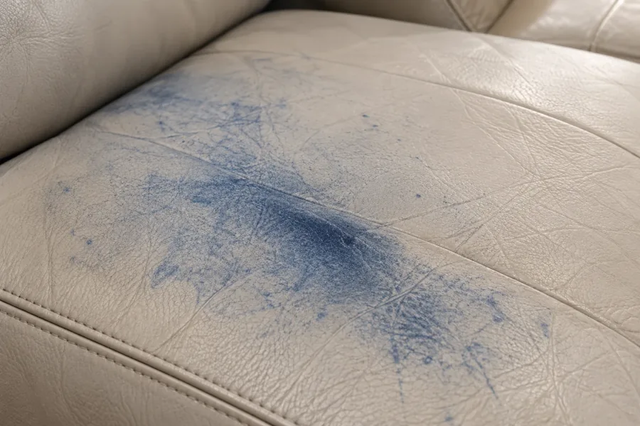 Blue denim dye transferred onto a pale grey leather seat cushion