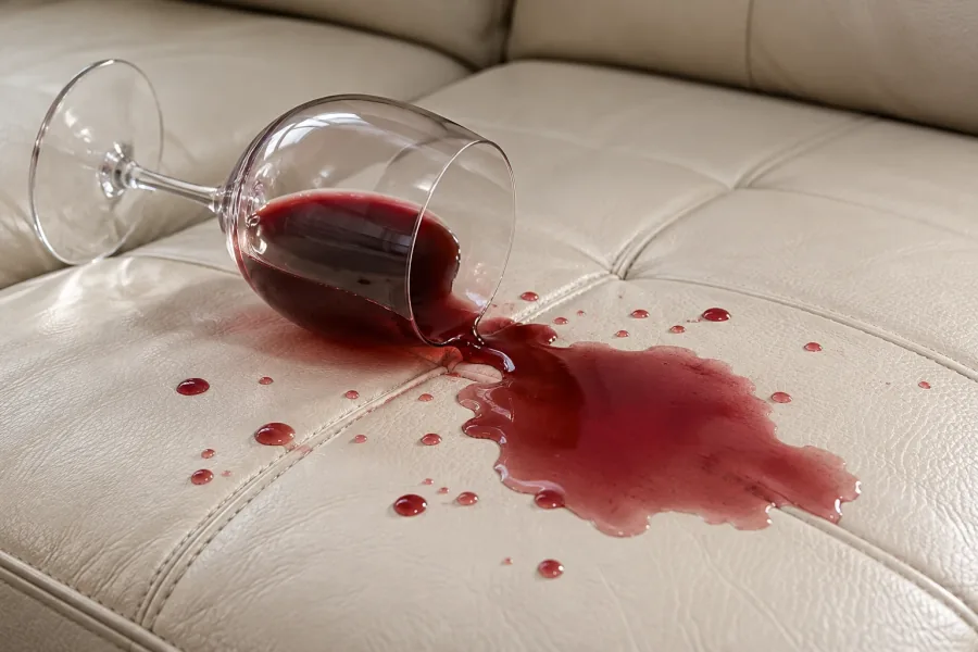 Red wine spilled from a tipped glass across a cream leather sofa seat