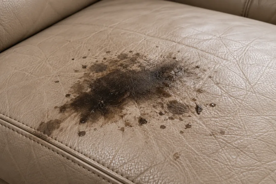 Dark grease and oil splatter across a beige leather seat