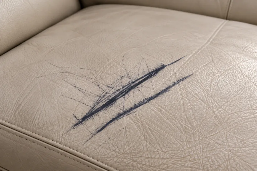 Dark blue ballpoint pen marks scribbled across a beige leather cushion