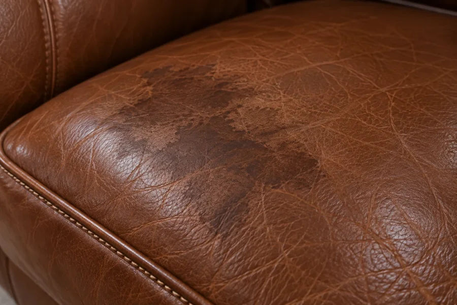Close-up of a dark stain absorbed into a brown leather seat cushion