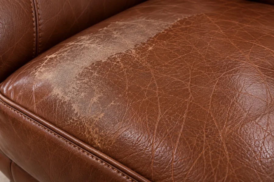 Close-up of a worn stripe where colour has come off a brown leather cushion