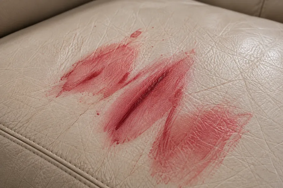 Pink lipstick smeared into a cream leather seat cushion