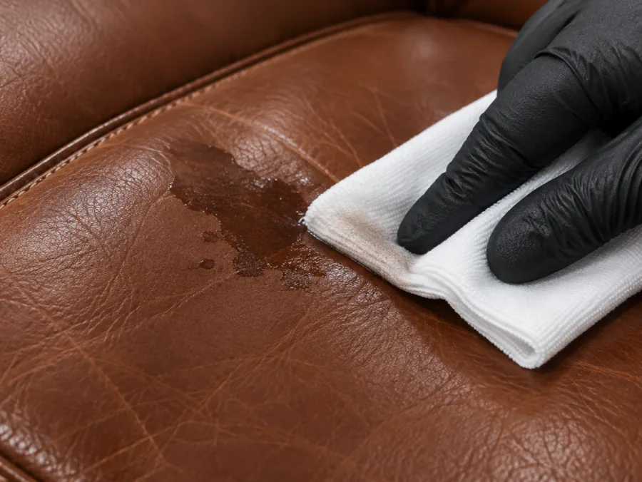 Gloved hand assessing a fresh spill on a brown leather cushion