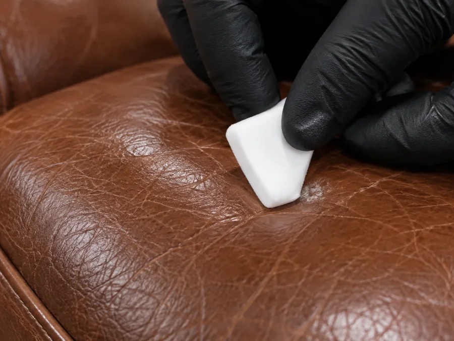 Small test patch being worked on a hidden area of brown leather