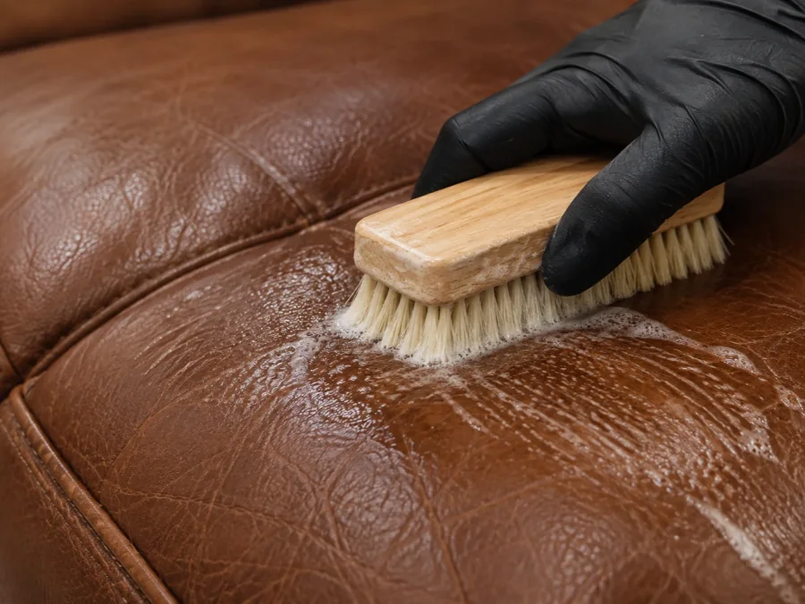 Soft brush working a leather-safe foam across a brown seat cushion