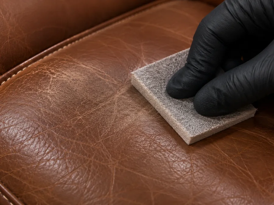 Abrasive pad keying a brown leather panel before refinishing