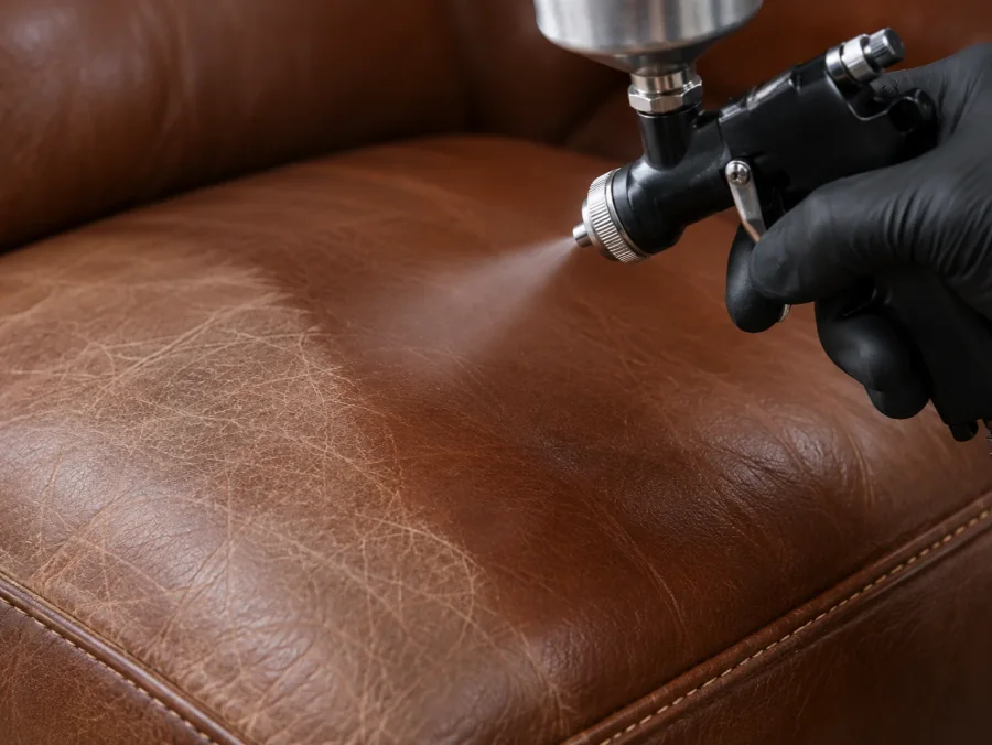 Spray gun laying matched pigment onto a brown leather seat