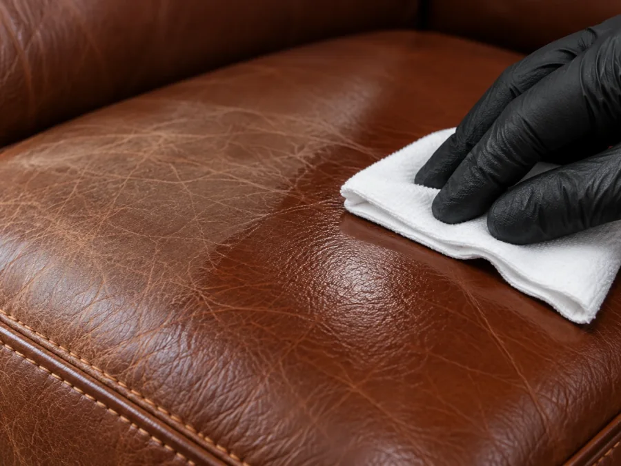 Protective topcoat being worked into a repaired brown leather panel
