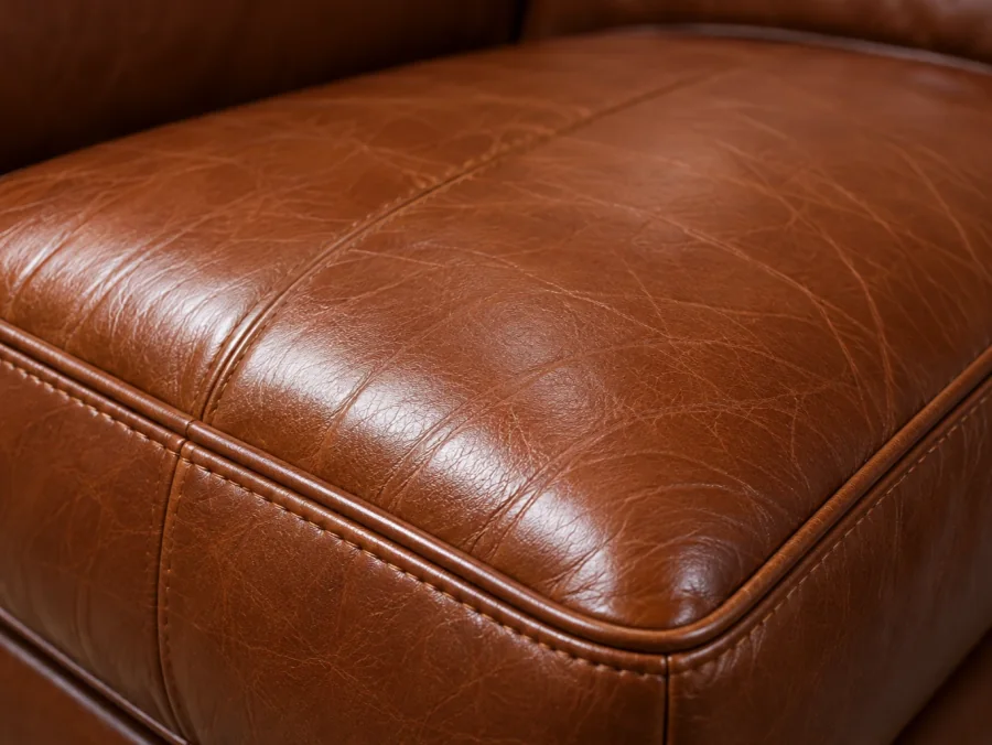 Brown leather cushion with even colour and sheen after stain repair