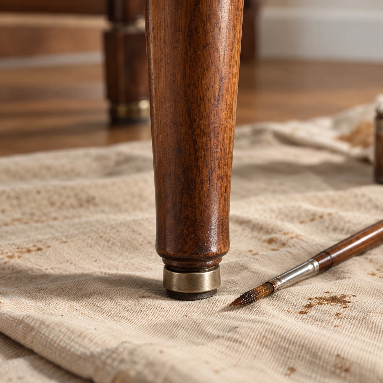 Brush staining a turned chair leg with a brass ferrule on a canvas drop cloth