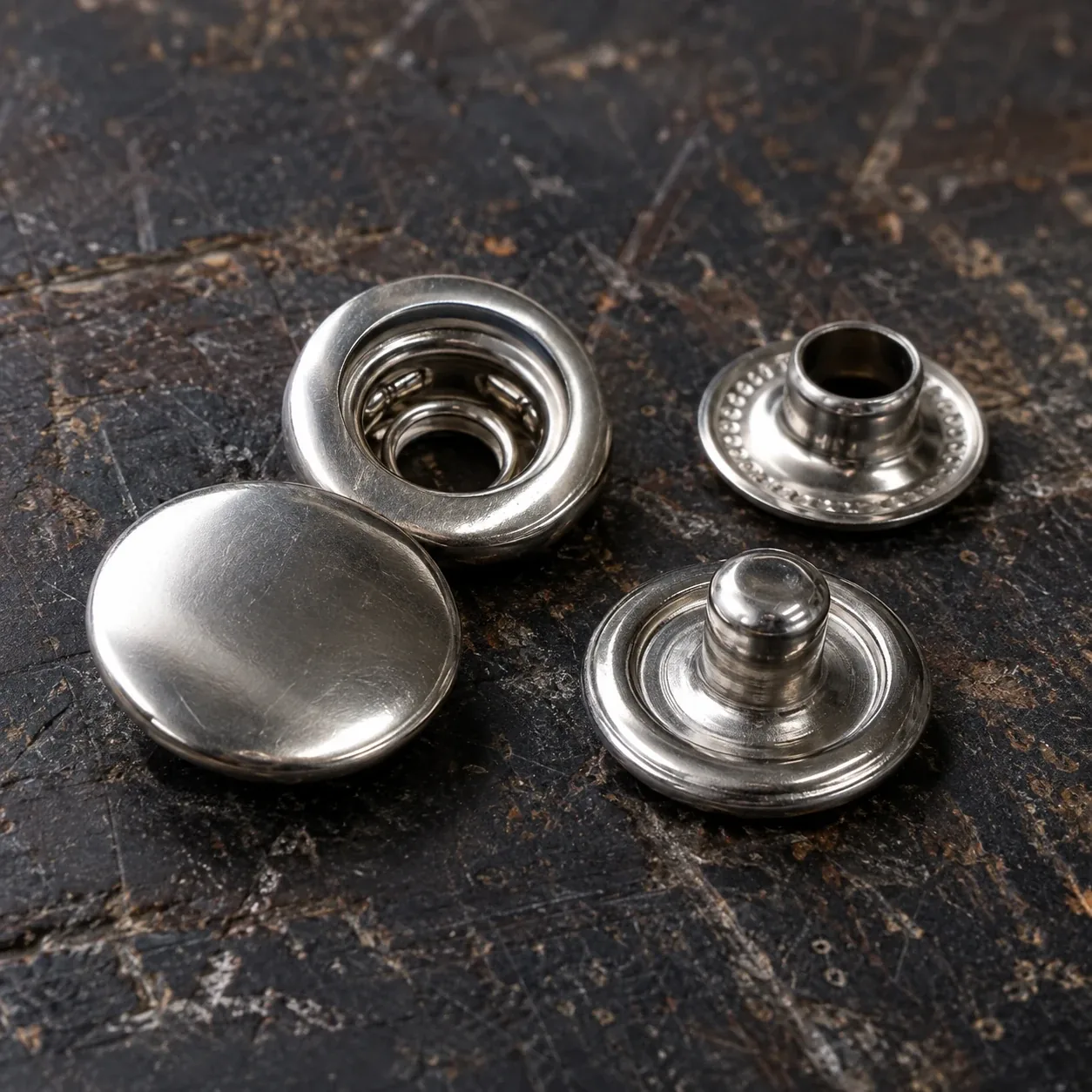 Stainless snaps used in marine upholstery, close up