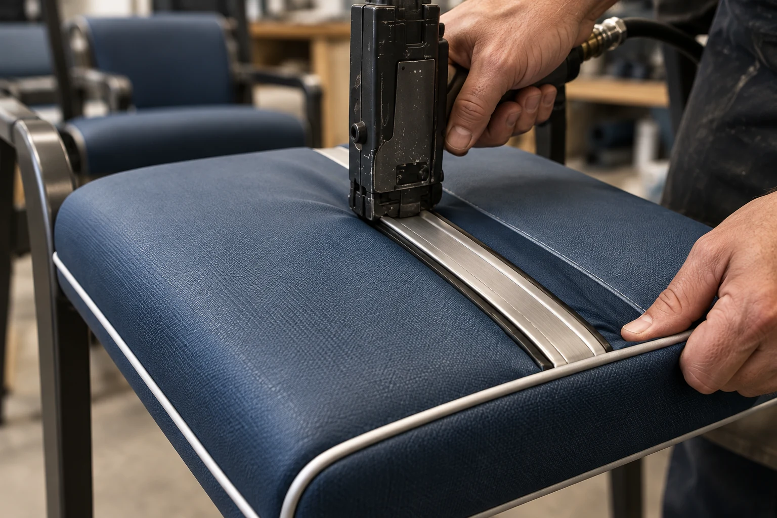 Stapling new vinyl onto a waiting room chair seat pan in the workshop