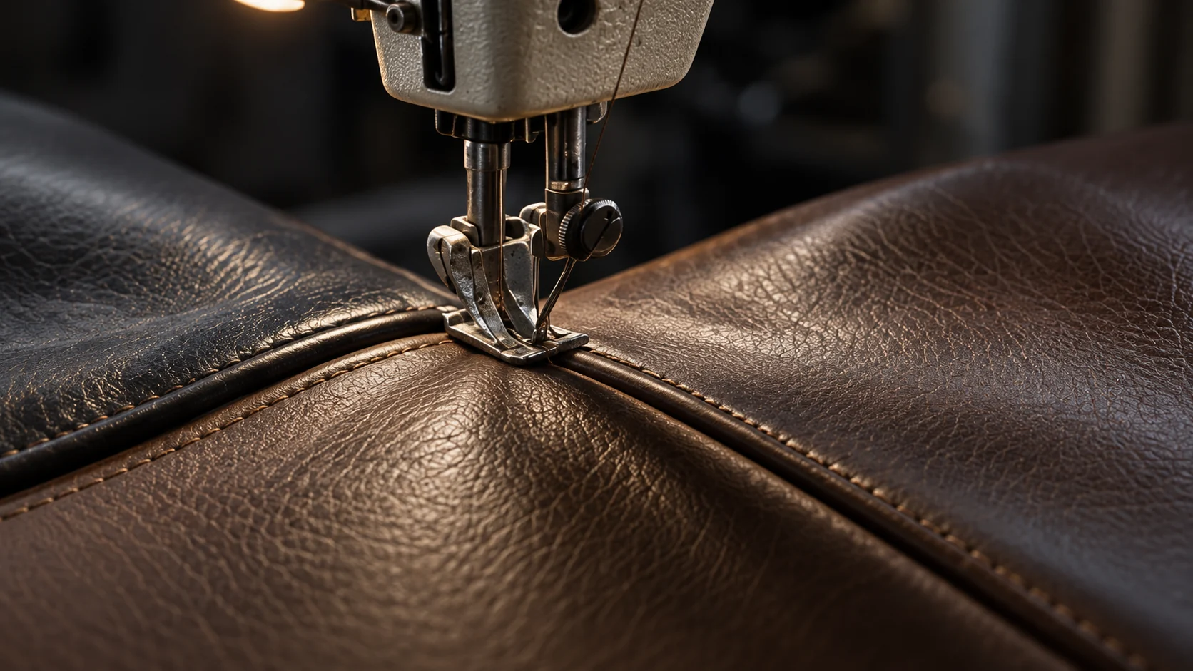 A sewing machine stitching a new seam into a brown leather panel