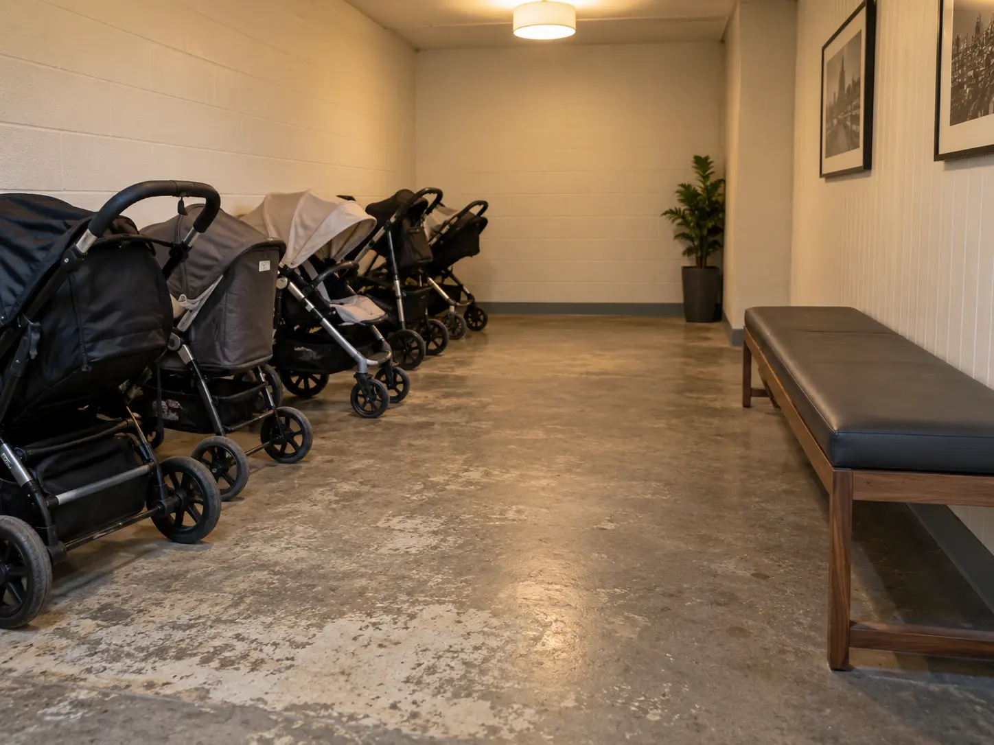 A bench in a building stroller room