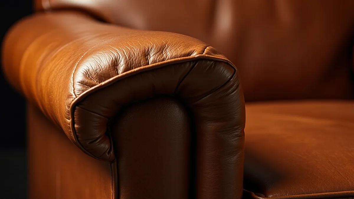 The rolled arm and front corner of a brown leather club chair, the leather rubbed lighter along the top of the roll where it is handled