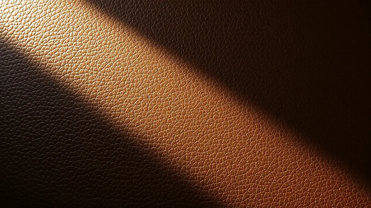 A single studio light skimming across brown leather at a low angle, the lit half bright and the grain casting shadow before it falls away