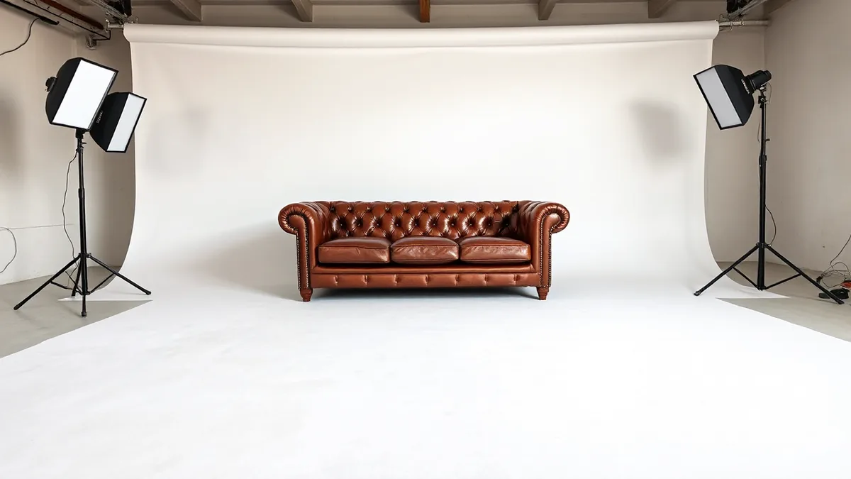 A brown leather chesterfield sofa standing on a seamless paper backdrop in an empty photography studio with softbox lights on stands