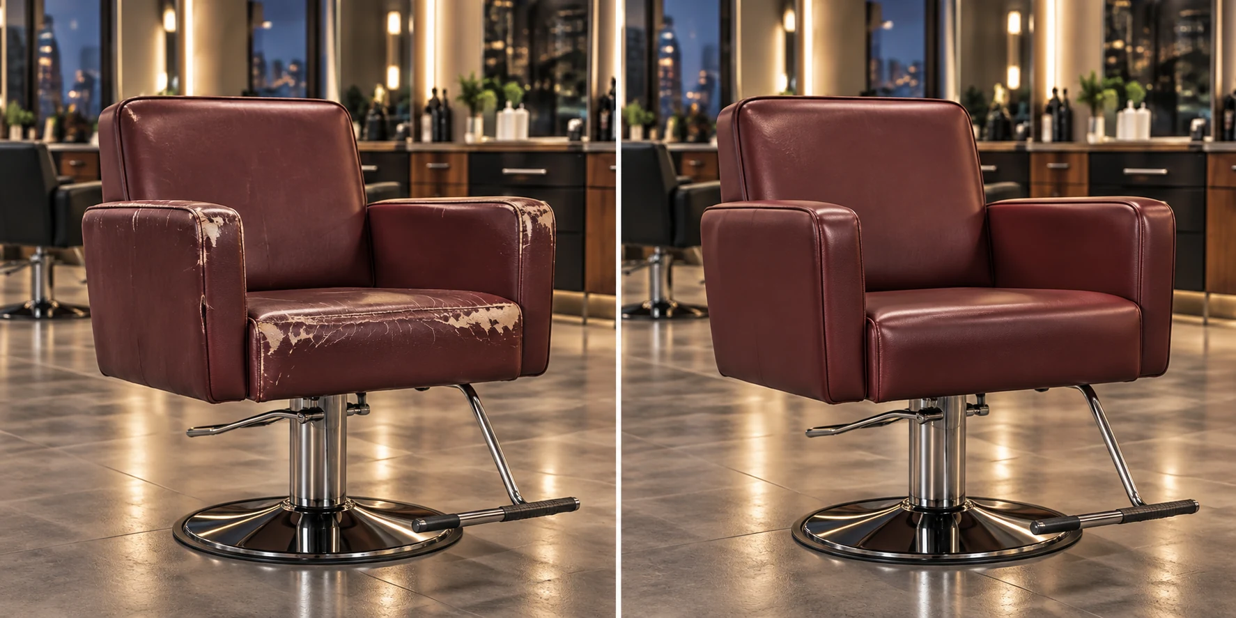 Side by side comparison of one oxblood styling chair with a split seat and the same chair recovered