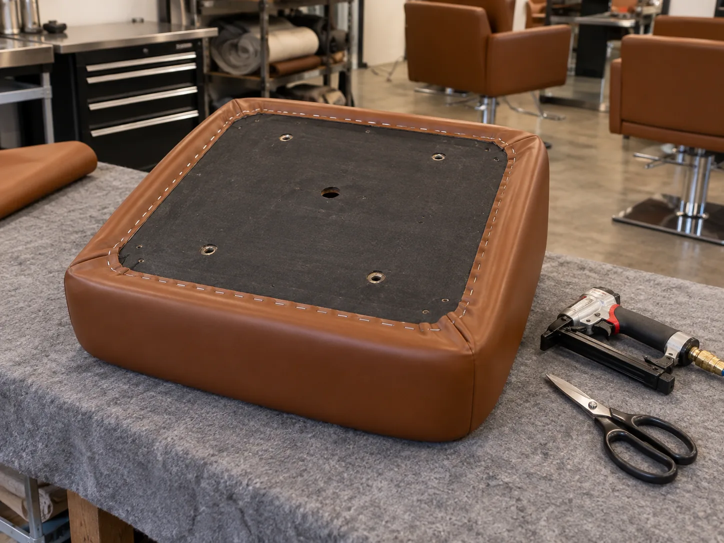 New cognac vinyl stapled to the underside of a styling chair seat